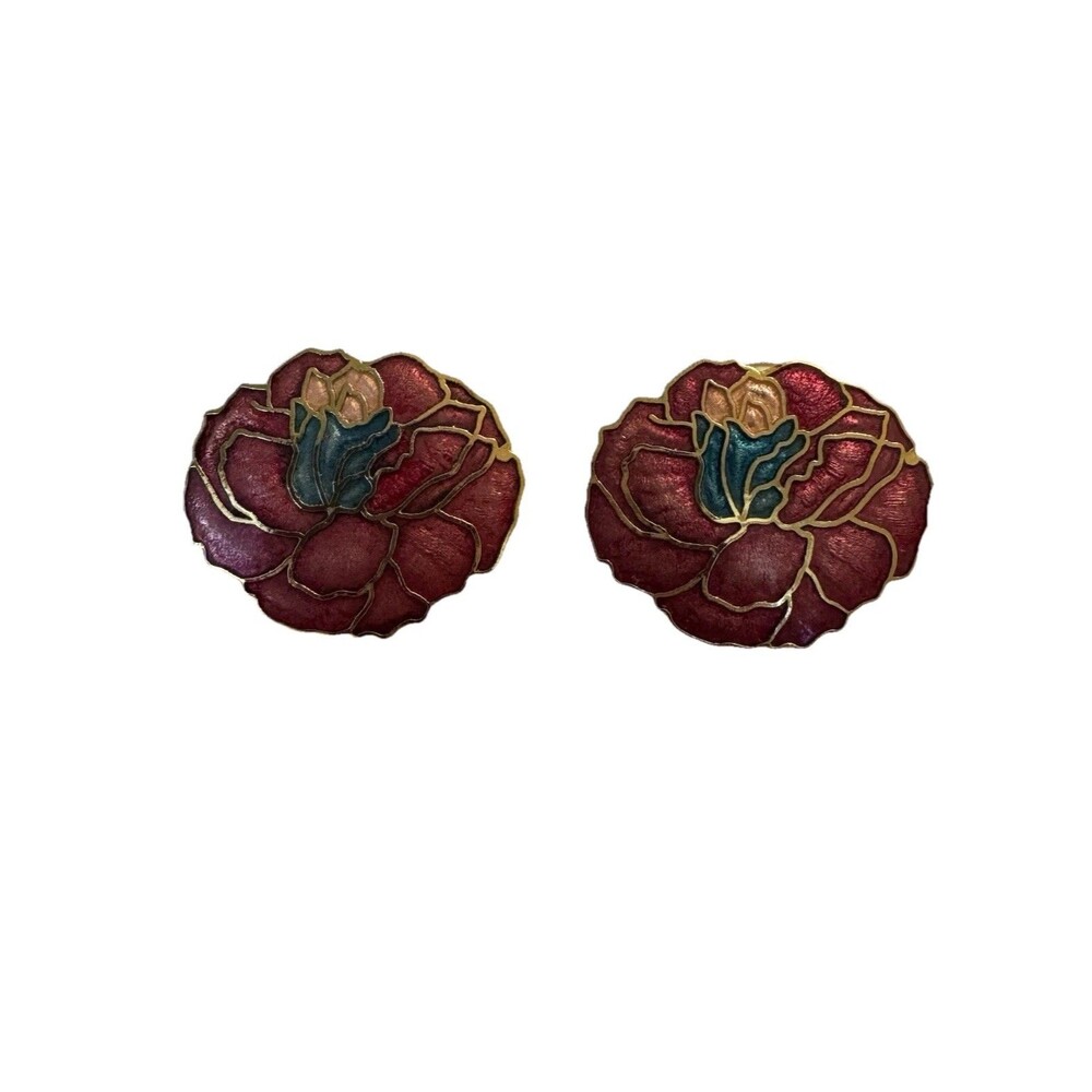 Vintage Cloisonne Flower Earrings Red Pink Enamel Floral Gold Tone Post Studs
